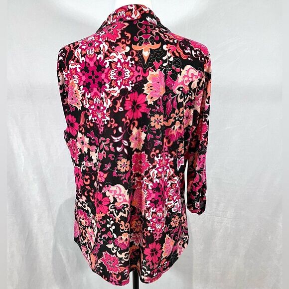 Emily Daniels black pink and orange floral print button down top size large NWT - Picture 4 of 8